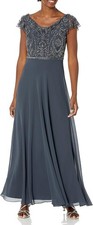 J Kara Womens Cowlneck Beaded Short Sleeve Gown Mother of the Bride Gray Size 6P