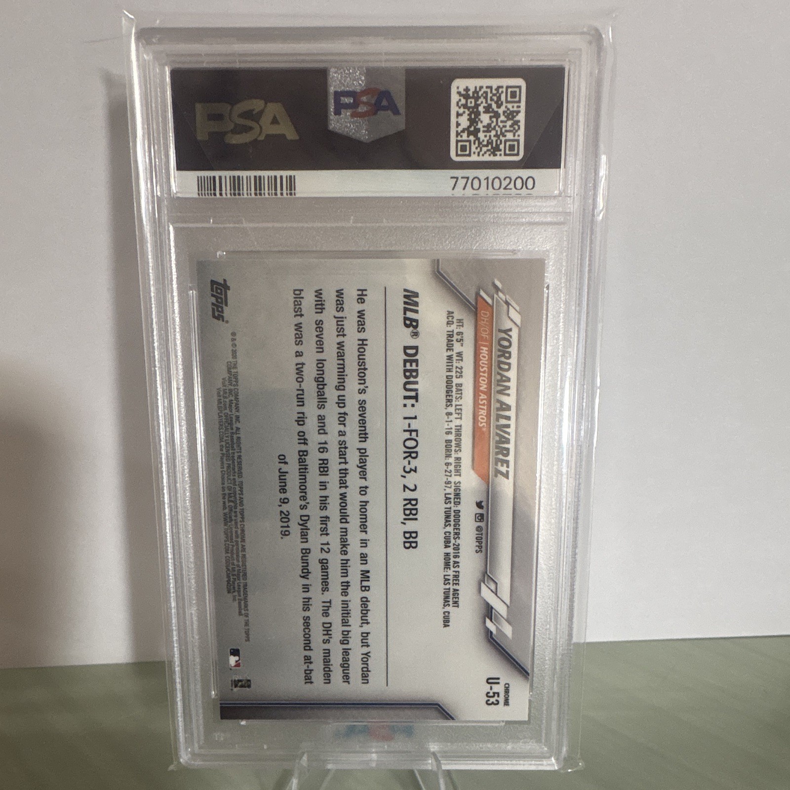 Topps 2020 Chrome Update Yordan Alvarez Rookie Debut #U-53 Astros PSA 9 view 2