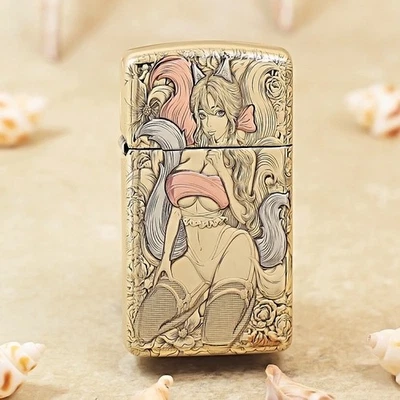 Genuine Zippo Slim Brass Lighter Japanese Anime Girl Art Japan Market - image 1 of 4