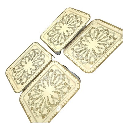 LA VADA Vintage MCM Metal Lap TV Trays Gold Floral Print Set of 4  !READ!