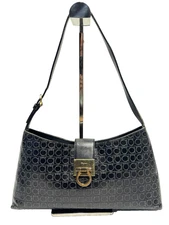 Salvatore Ferragamo Shoulder Bag Womens Black Leather Hobo Gancini Embossed