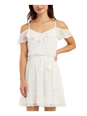 BCX DRESS Womens White Adjustable Straps Tie Lined Flutter Sleeve Dress S