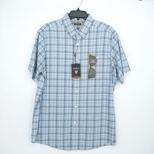 Cremieux Performance Short-Sleeve Shirt L Blue White Gray Plaid Stretch NWT