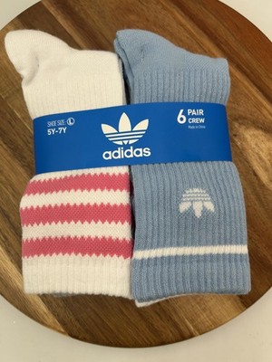 Adidas Socks Youth Size L 5Y-7Y Crew 6 Pair Multicolor Striped Trefoil Logo