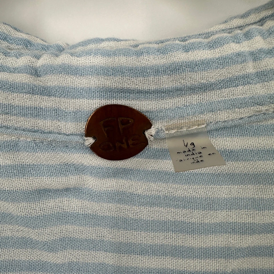 Camisa túnica Free People One Waverly azul blanco a rayas gasa bolsillos superiores talla L Foto 4 de 4