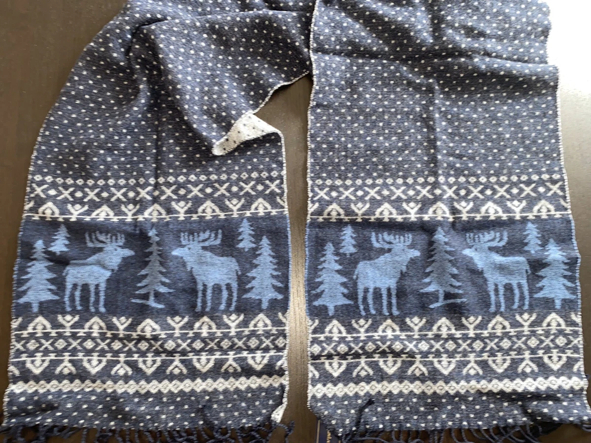 $295 Polo by Ralph Lauren Rrl Scarf Blues Italy Virgin Wool Moose Print Fringed