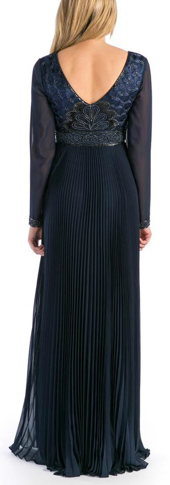 Sue Wong ~ Navy Chiffon Beaded Empire Double V Accordion Formal Gown 0 NEW $599 - Image 2 of 4