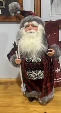 SANTA CLAUS w/Wooden Snow Skis Figurine 16” Tall Christmas Sweater Winter Coat