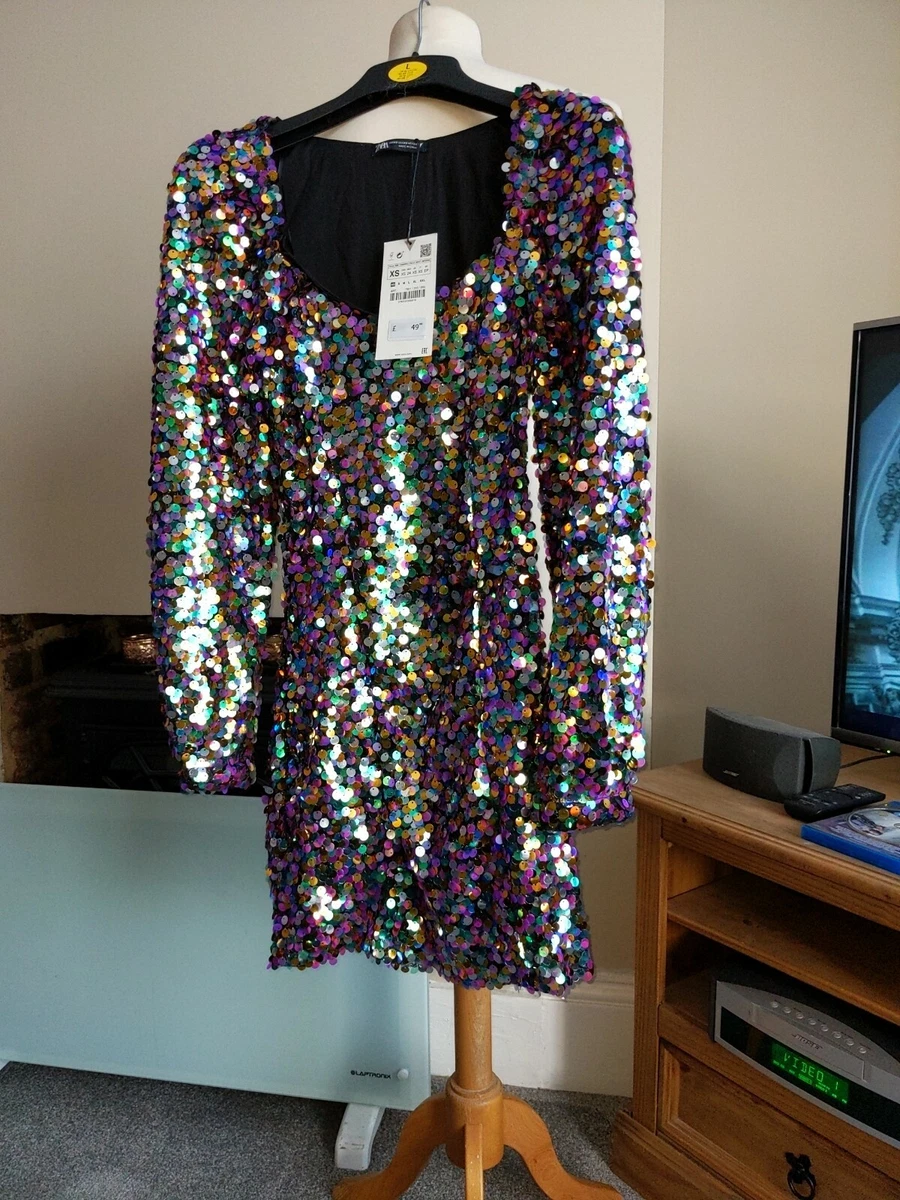 NUEVO CON ETIQUETAS ZARA MULTICOLOR LENTEJUELAS MINI VESTIDO CON MANGAS TALLA XS eBay