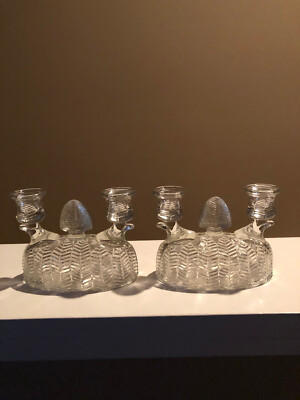 Elegant vintage L. E. Smith  Feather clear glass double candle stick set of two