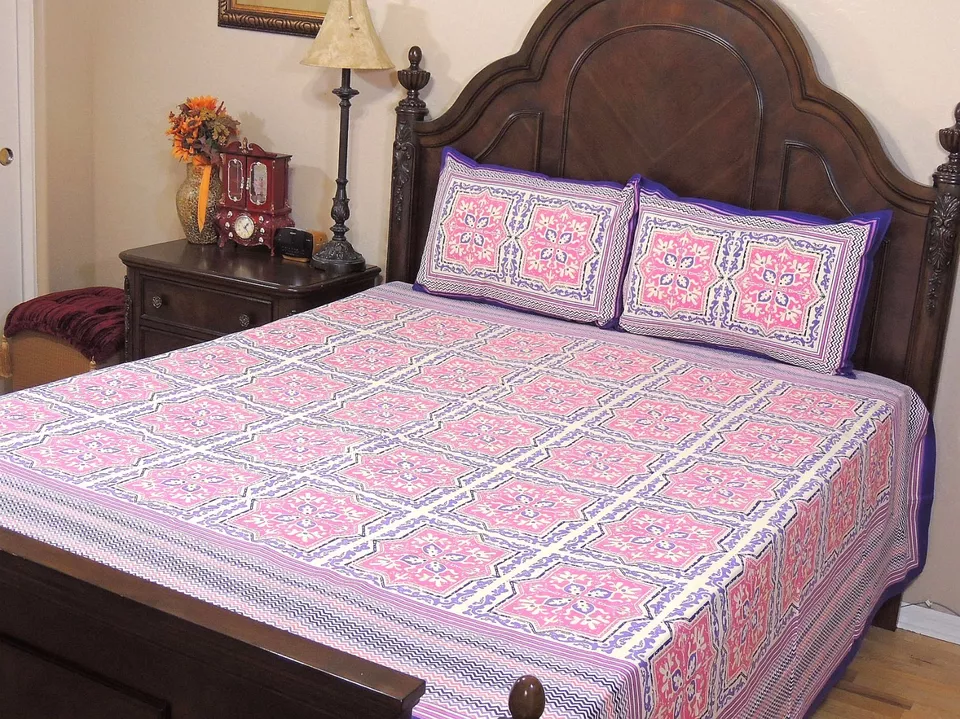 Colcha de algodón rosa malva con estampado floral almohada simulada étnica ropa de cama de lujo queen Foto 2 de 4