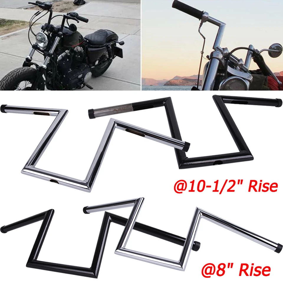 1" Motorcycle 8" & 10-1/2" Rise Ape Hanger Handlebars Z-Bar Drag Bars For Harley - Image 2 of 4