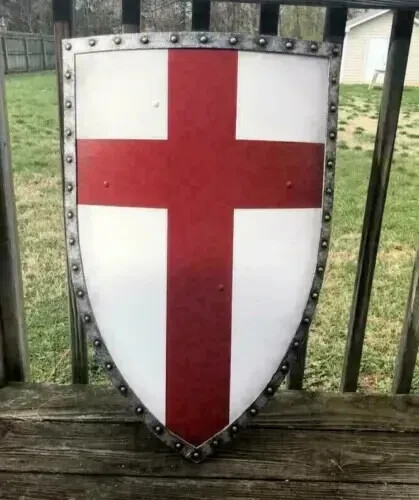 Medieval Knight Templar Heater Shield with Red Cross Crusader Armor Design-image