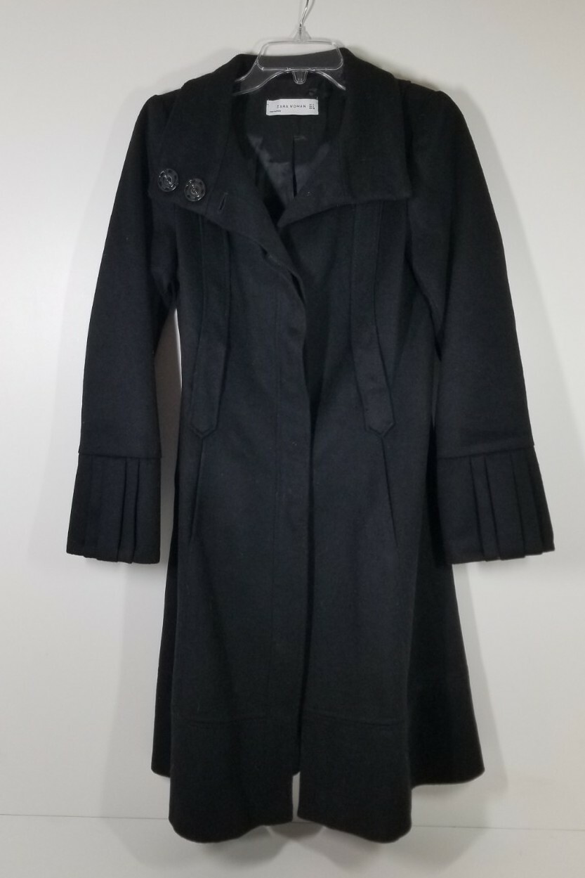 ZARA WOMAN Black Wool Pebblem Long Pea Coat 77302 Siz… Gem