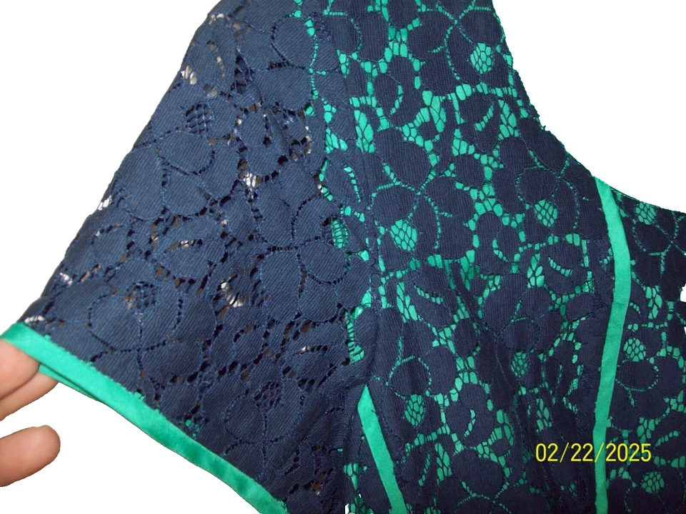 Vestido Vaina Cynthia Rowley Manga Corta Verde Azul Marino Encaje Superpuesto 6 Nuevo con Etiquetas $119 Foto 2 de 4