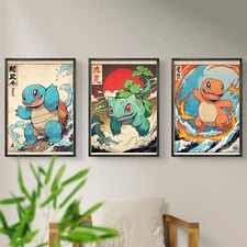 Set of 3 Retro Starters Pokemon Art piece canvas wall home decor Portrait