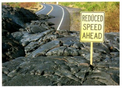 Solidified lava from a recent flow covering road Hawaii Postcard