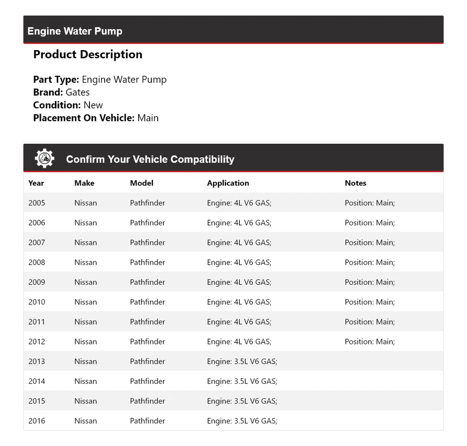 Para 2005-2016 Nissan Pathfinder Motor Bomba de Água Portões 2006 2007 2008 2009 2010 - Imagem 2 de 4