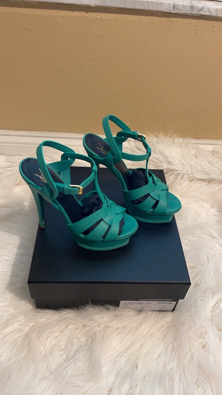 Sandali YSL Yves Saint Laurent Tribute Platform in pelle verde liscia 36 con scatola