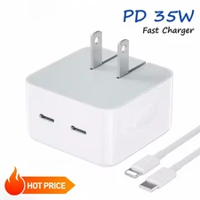 35W Dual USB-C Fast Wall Charger USB-C to 8-Pin Cable for iPhone 14/13/12/11/XR