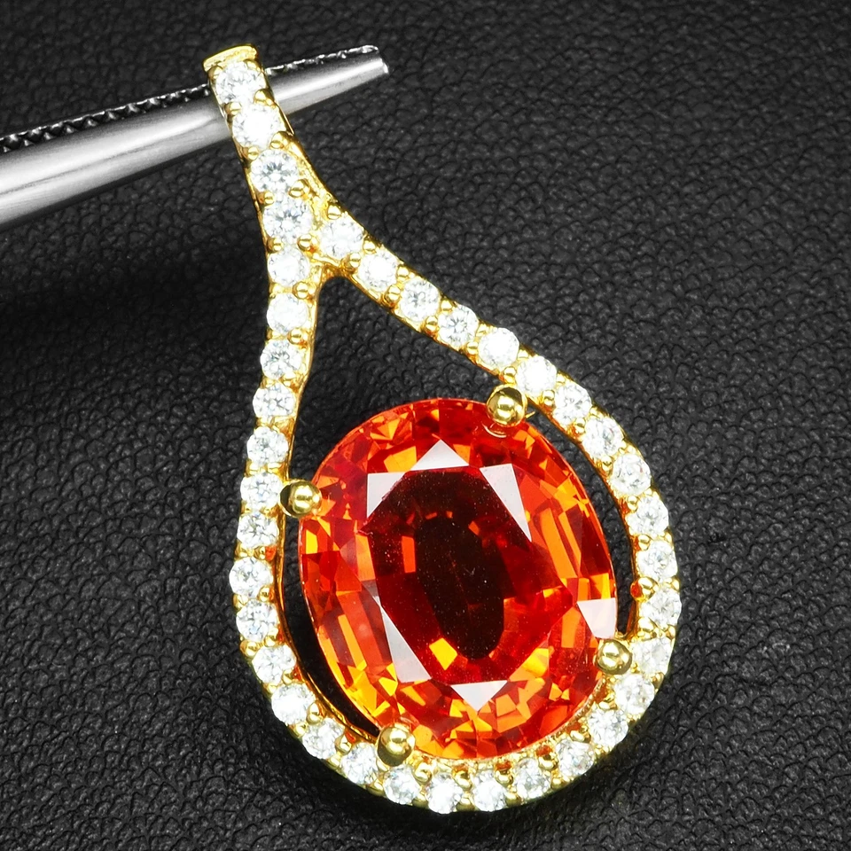 Colgantes de oro de 24 quilates de plata de ley 925 brillante atardecer zafiro naranja 9,95 quilates Foto 2 de 4