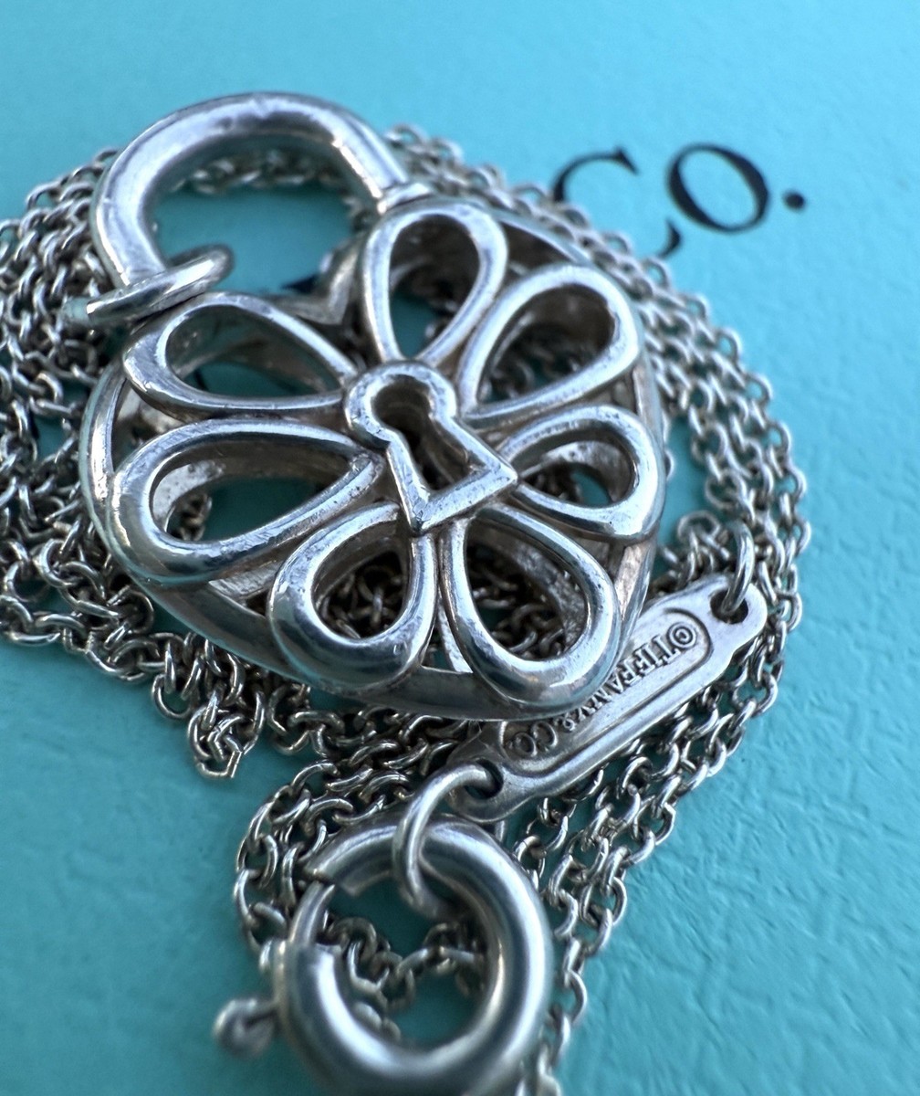 Tiffany & Co Sterling Silver Filigree Heart Lock Pendant Necklace