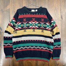 Vtg 90s Geometric Stripe Knitted Pullover Wool Blend Sweater / Large