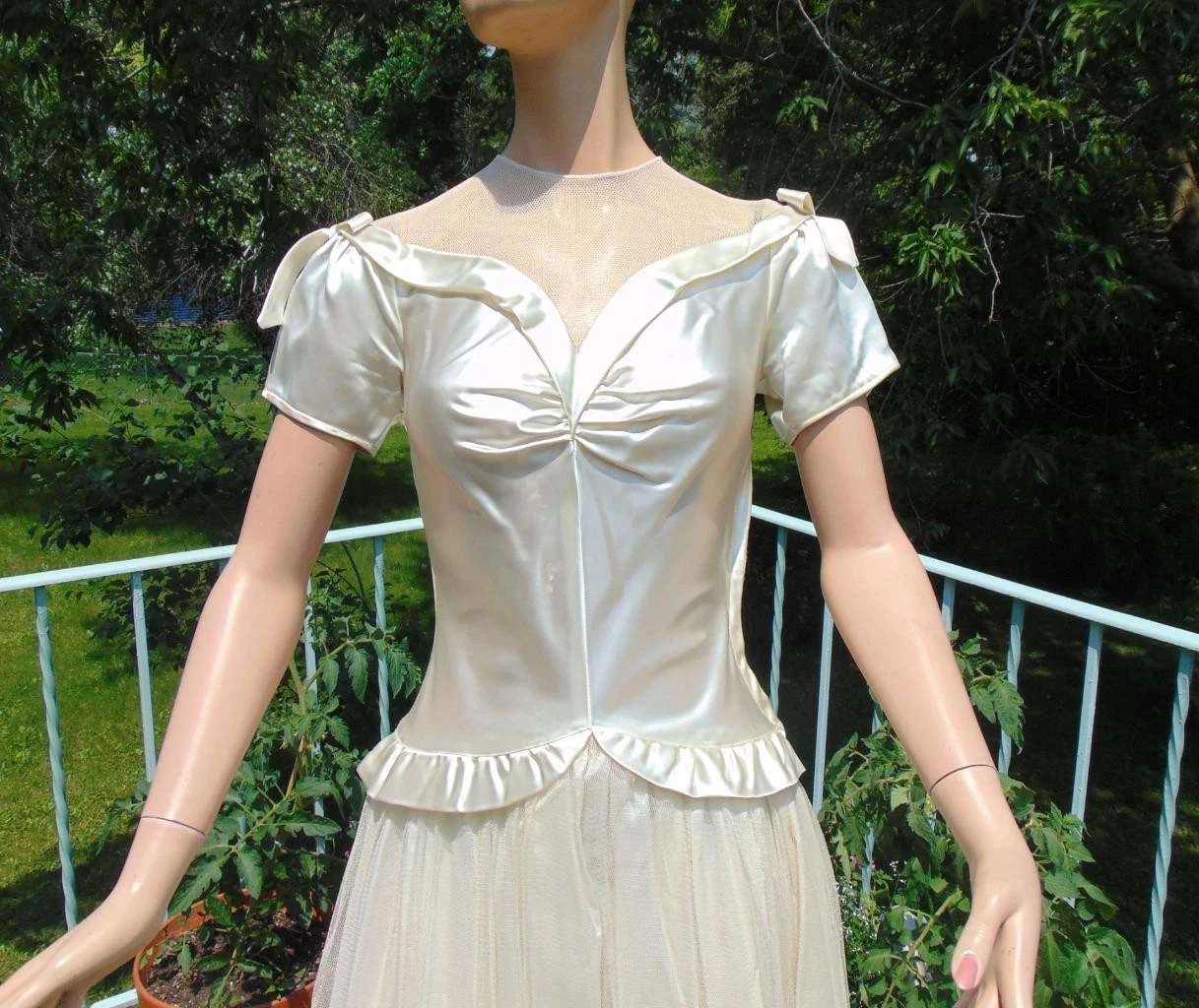 OFF WHITE Abito da sposa danza vintage anni 30 primi anni 40 bianco sporco raso e tulle 24W