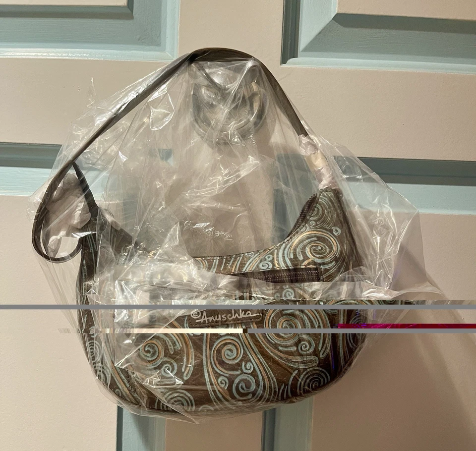 Anuschka NUEVO SIN ETIQUETAS, sin usar magníficos remolinos azules y dorados en cuero marrón envío y devolución gratuitos Foto 3 de 4