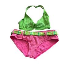 Vintage Ralph Lauren Bikini Set Swimsuit Pink Green Belted Colorful Beach Summer