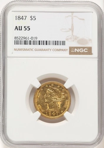 1847  LIBERTY HEAD HALF EAGLE $5 GOLD NGC AU55