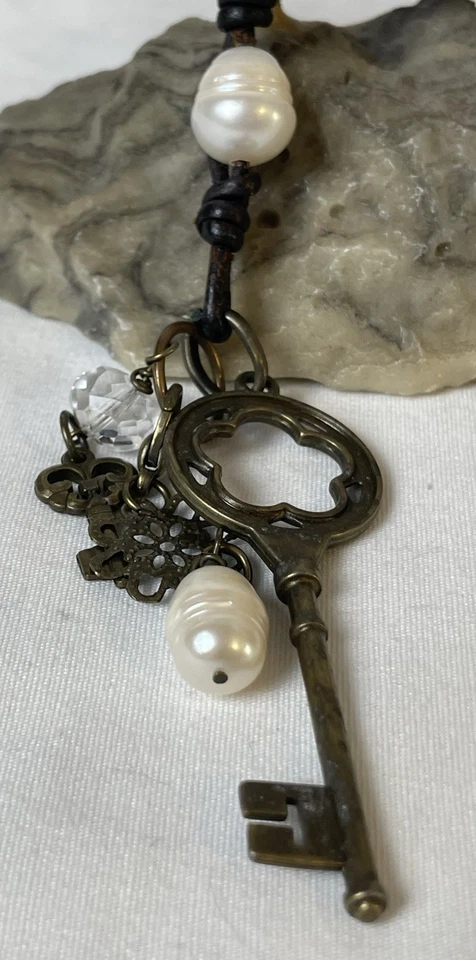 90s Artisan Leather Cord Necklace 35” Genuine Pearl Brass Key Flower Charms - Image 4 of 4