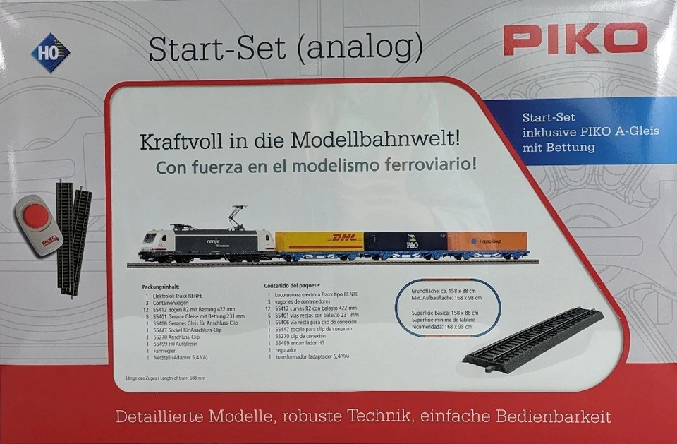PIKO 96900 H0 Start-Set Güterzug mit E-Lok TRAXX mit Bettung Ep. V RENFE