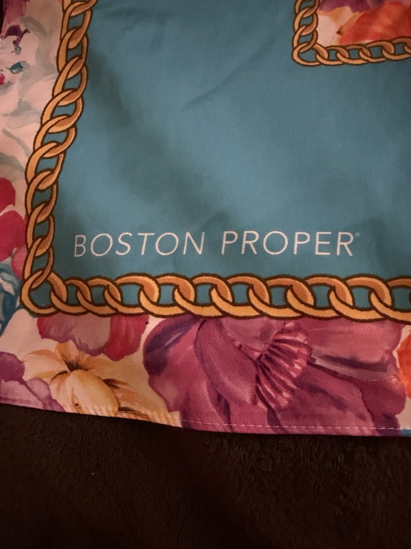 Boston Proper Blue Multicolor Floral Satin Square Scarf Polyester Logo Accent