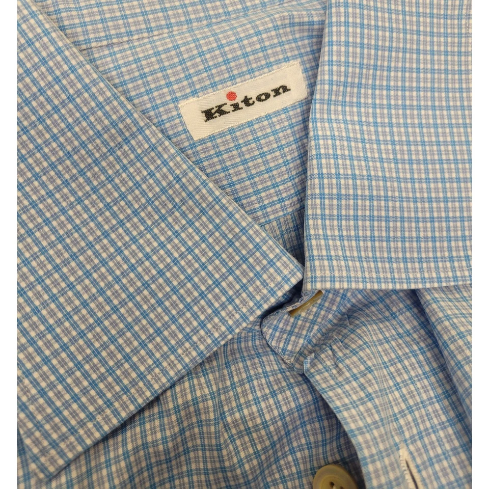 Camisa Kiton Azul Blanco Guinga 100% Algodón Abotonada Grande 46" Italiana Lujo Foto 3 de 4