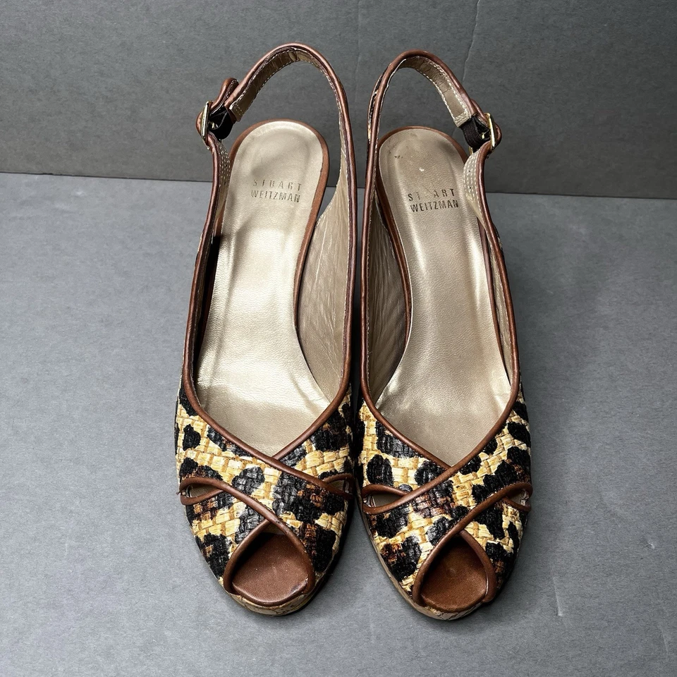 STUART WEITZMAN Leopard Wedges Women Sz 8.5N Sling Back Tan Black Peep Toe Heels - Image 2 of 4