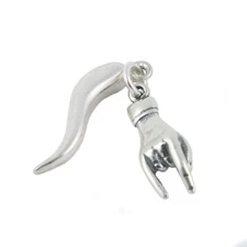 Italian Good Luck Hand Mano Cornuto and Corno Horn 925 Sterling Silver Charm