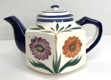 Vintage Maruhon Ware Japan Teapot Hand Painted Flowers Cobalt Blue Purple Orange