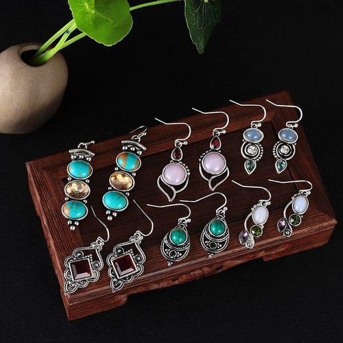 Boucles D'oreilles Pierres Turquoise Et Améthyste - Perles Pendentifs - Polychromatique