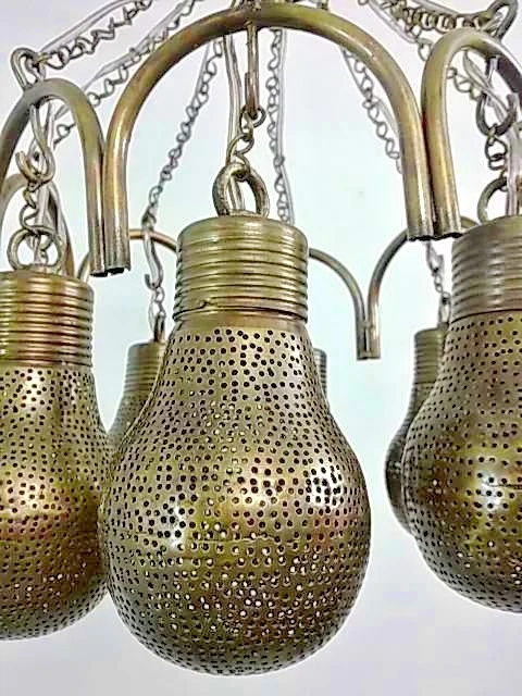 BR285 Handmade Brass Chandelier 8 Bulb-Shaped Shades Pierced Metal Pendant Light - Image 3 of 4