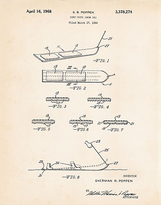 1968 Snowboard Snowboarding Gifts For Guys Boyfriend Snurfer Patent Wall Art