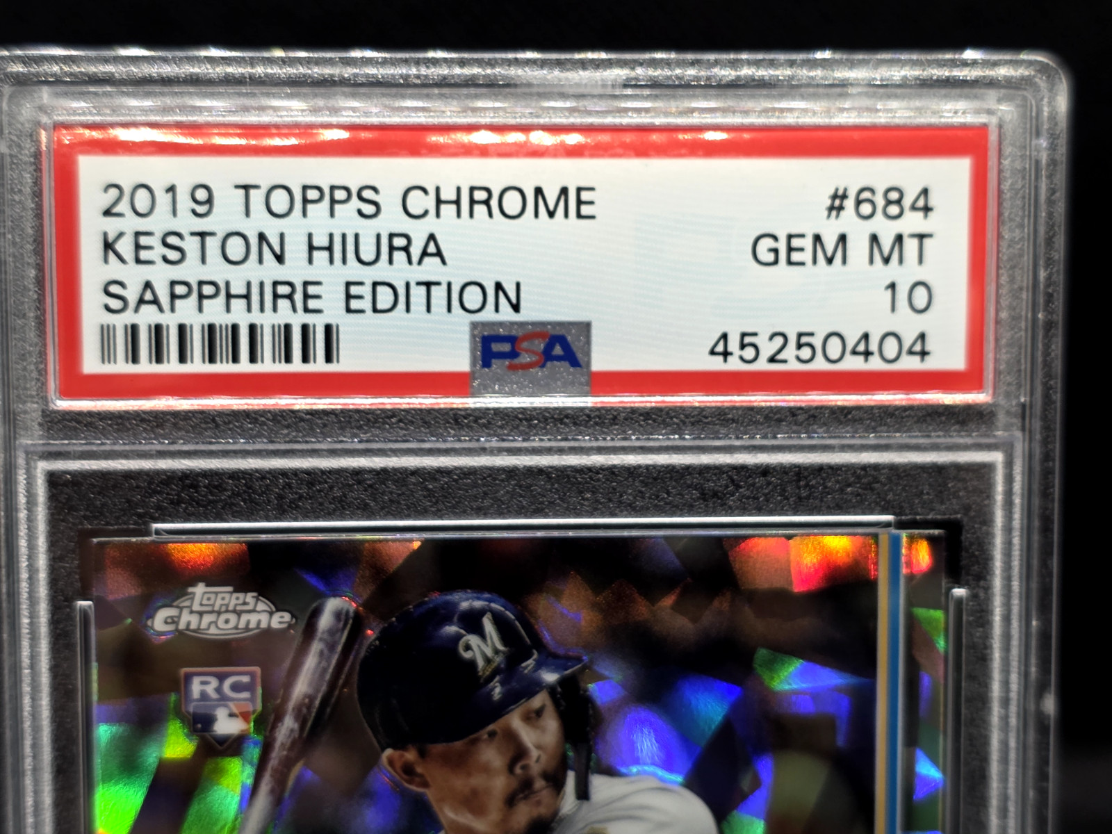 2019 Topps Chrome Sapphire #684 Keston Hiura PSA 10 GEM MT Rookie RC view 2