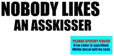 NOBODY LIKES AN ASSKISSER Vinyl decal sticker Graphic Die Cut 7"