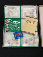 NEVER USED Vintage Hinode Cloisonne Shippo Enamel Yaki Floral Plate Set w/ Forks