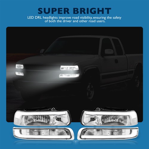 For 99-02 Chevy Silverado 00-06 Suburban LED DRL Clear Headlights + Bumper Lamps - Picture 6 of 9