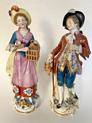 Pair (2) 19th c Chelsea Samson Couple w Birdcage Hunt Bird Figure Statues HP 10''