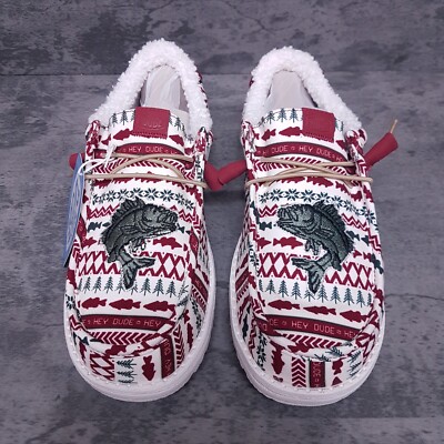 Hey Dude Men\'s Wally Fishmas Sweater Slipon Sneaker Boat Shoe Size 9  44347-3AP Hey Dude Wally Merry Fishmas Christmas Sweater Green Red  main image 3