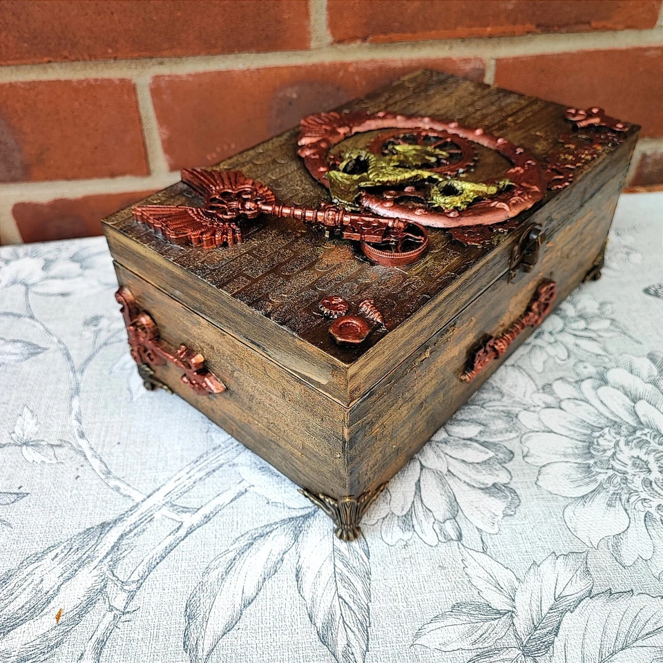 Steampunk Style Dragon Wooden Box, Angel Wings and Key Embellishments - Image 3 of 4