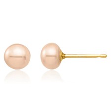 14K Solid Yellow Gold 5mm Pink Button Freshwater Cultured Pearl Stud Earrings
