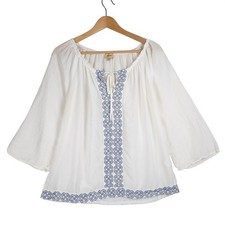 Ella Moss White Silk Cotton Embroidered Boho Peasant Blouse Top ETVB7589 Large